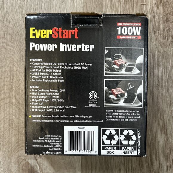 EverStart 100W Power Inverter 70000MC 12V DC AC Dual USB 3.1A Vehicle Converter - Picture 2 of 4